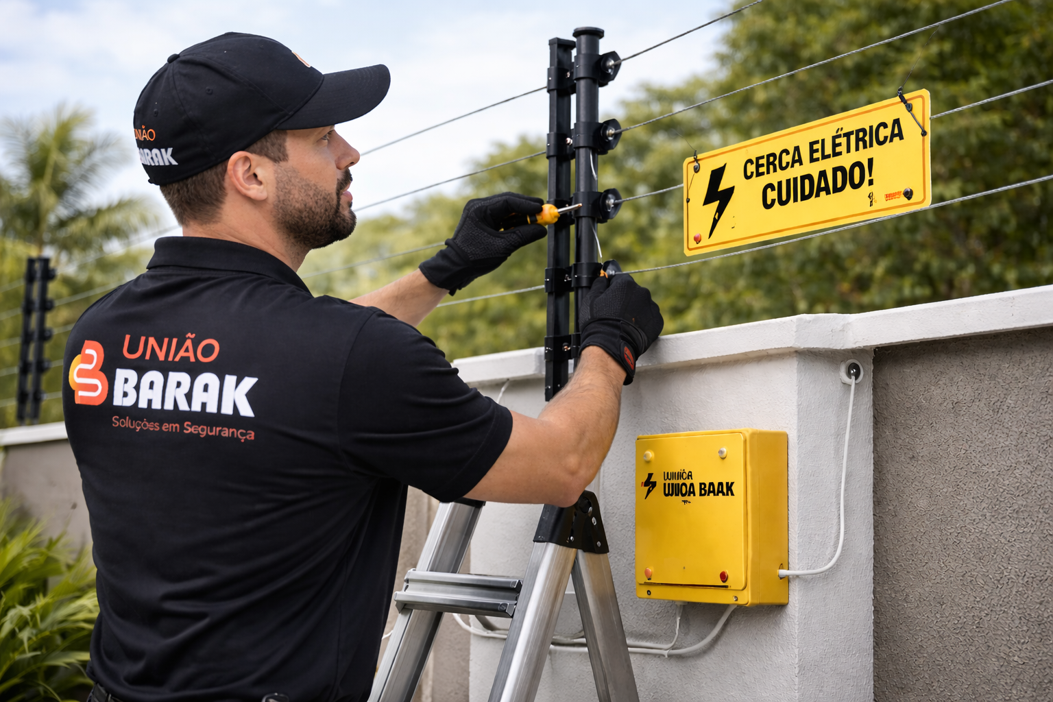 Técnico da União Barak instalando cerca elétrica residencial